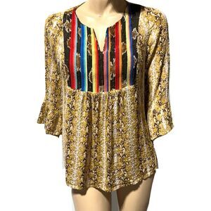 Savanna Jane Peasant Top Embroidered Boho Metallic Gold Sparkle Women's Size M